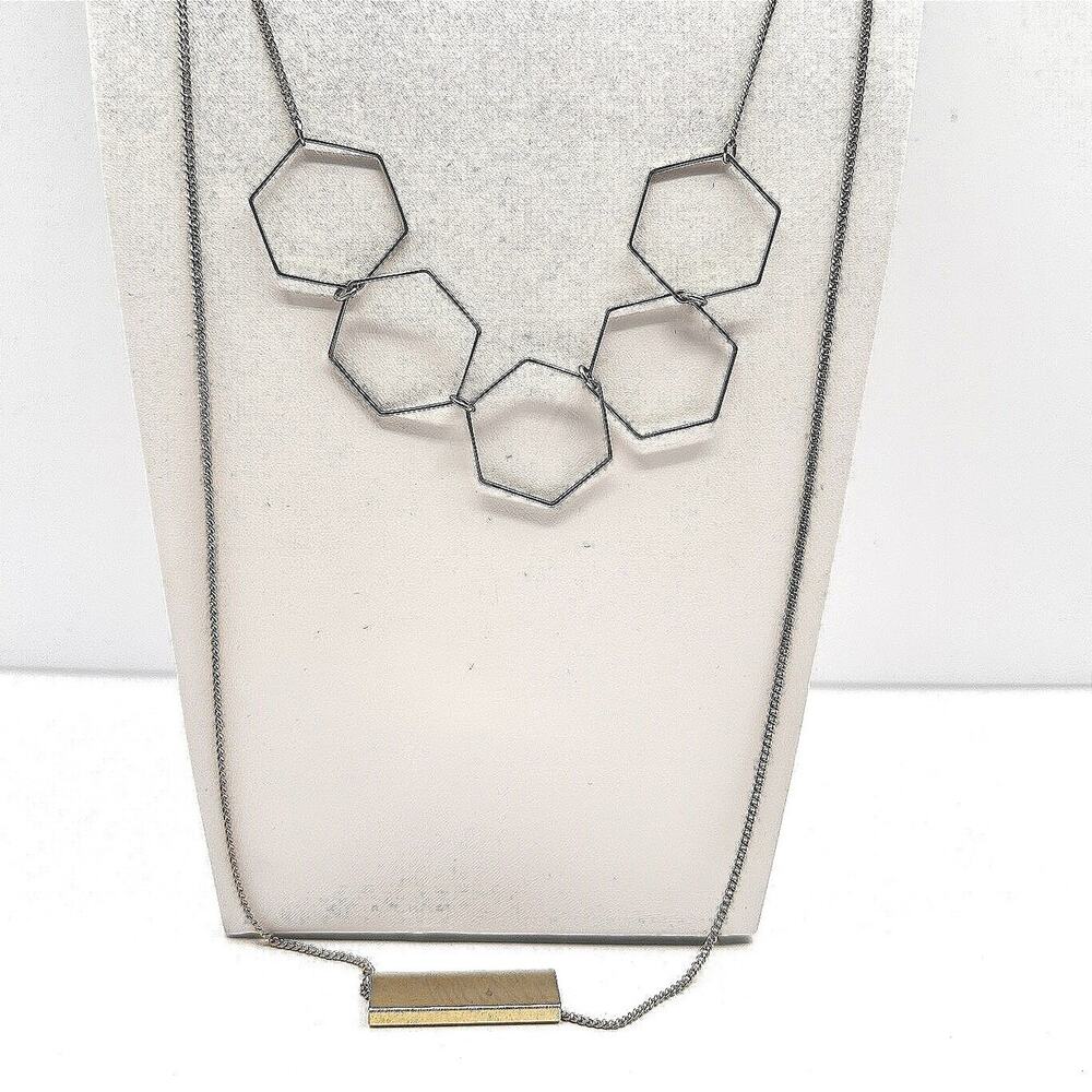 Vintage 90s Gold Tone Layered Hexagon Bar Statement Necklace Geometric Style Y2K